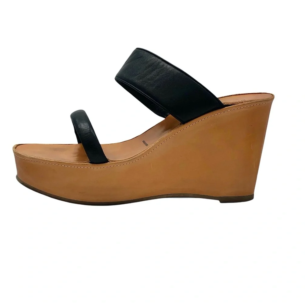 ROBERT CLERGERIE BLACK & TAN LEATHER PLATFORM WEDGES SIZE 8.5
